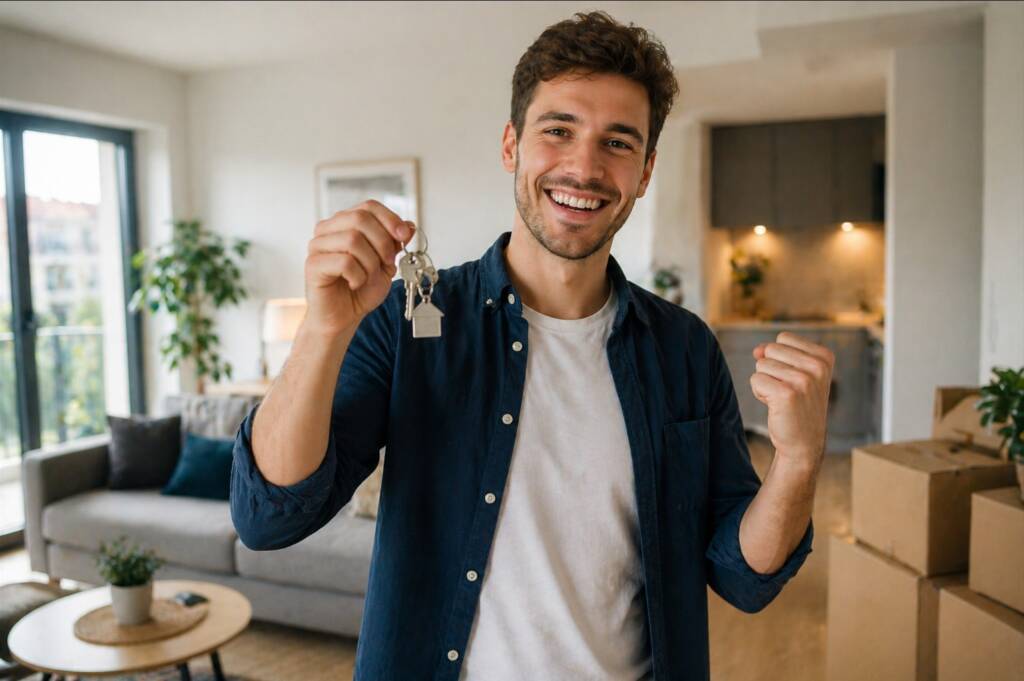 Jeune homme heureux recevant les clés de son appartement neuf en Alsace