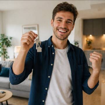 Jeune homme heureux recevant les clés de son appartement neuf en Alsace
