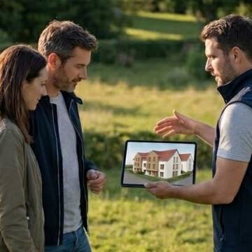 Développeur foncier du Groupe Boulle présentant un projet immobilier à des propriétaires sur un terrain en Alsace.