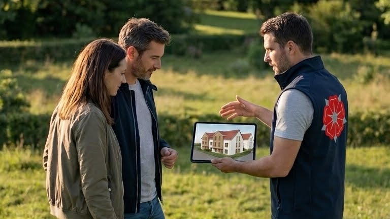 Développeur foncier du Groupe Boulle présentant un projet immobilier à des propriétaires sur un terrain en Alsace.