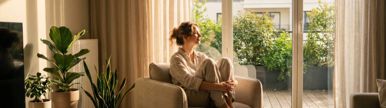 Femme se détendant dans un appartement neuf lumineux en Alsace avec terrasse et lumière naturelle