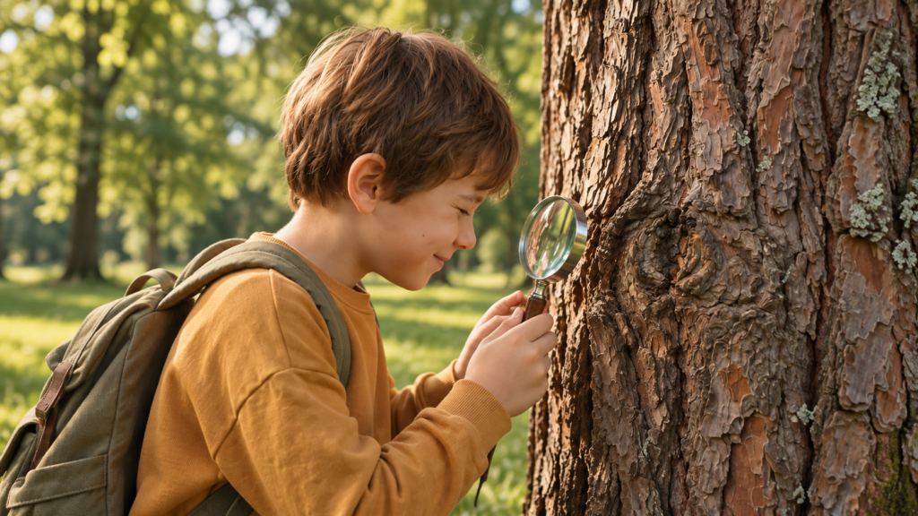 Un enfant observe l’écorce d’un arbre à la loupe, illustration de La grande expédition.