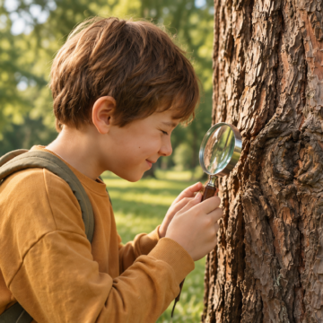 Un enfant observe l’écorce d’un arbre à la loupe, illustration de La grande expédition.
